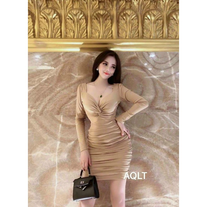 đầm xoắn ngực tay dài nhún sườn