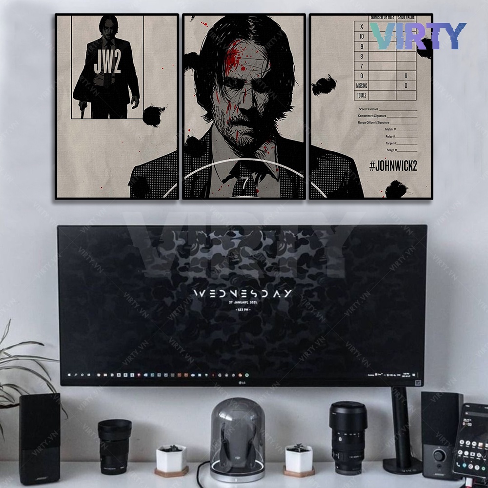 Bộ 3 Tranh treo tường phim JOHN WICK kèm khung composite VIRTY Tranh Canvas decor phòng ngủ, phòng làm việc