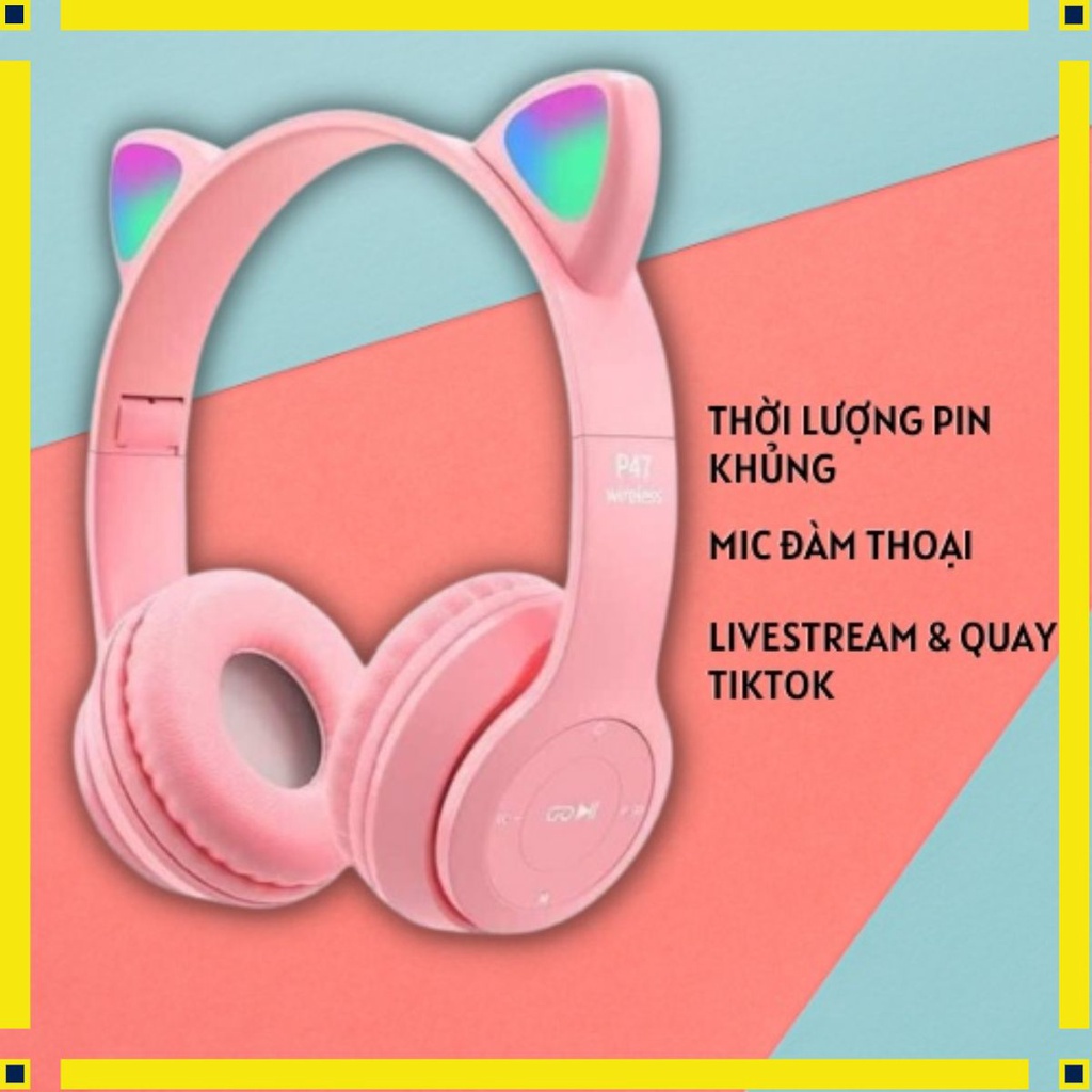 Tai Nghe bluetooh mèo kute P47m, Headphone Có Mic livestream hoặc tiktok, Có đèn led nhấp nháy Và Dung Lượng Pin Khủng.