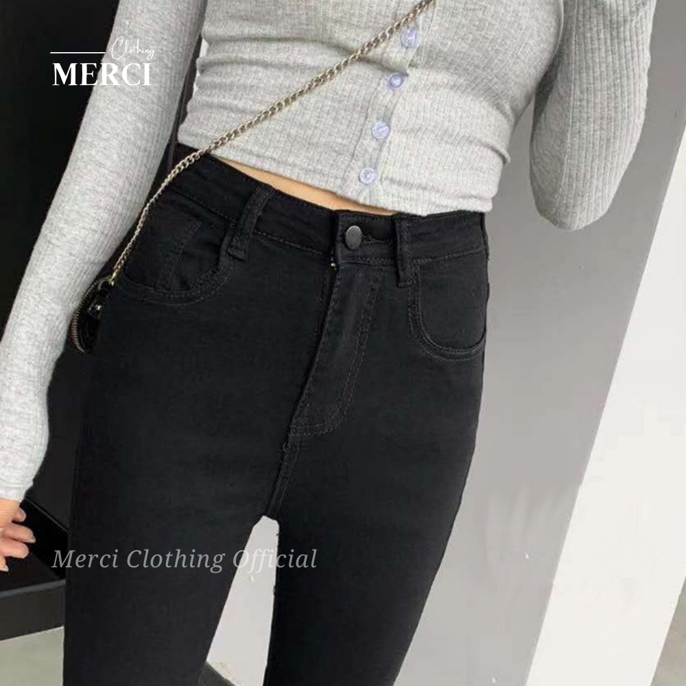 Quần Jean Ống Loe Dáng Dài Cạp Cao Phong Cách Ulzzang Hàn [Cao Cấp] Quần Bò Ống Loe Đen Trơn Co Giãn Thoải Mái Merci Q4V | BigBuy360 - bigbuy360.vn