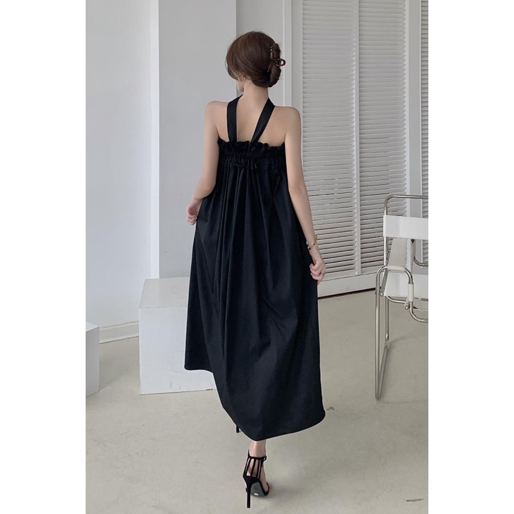 Đầm Cổ Yếm Màu Đen Phong Cách Pháp Thời Trang Mùa Hè Quyến Rũ Cho Nữ