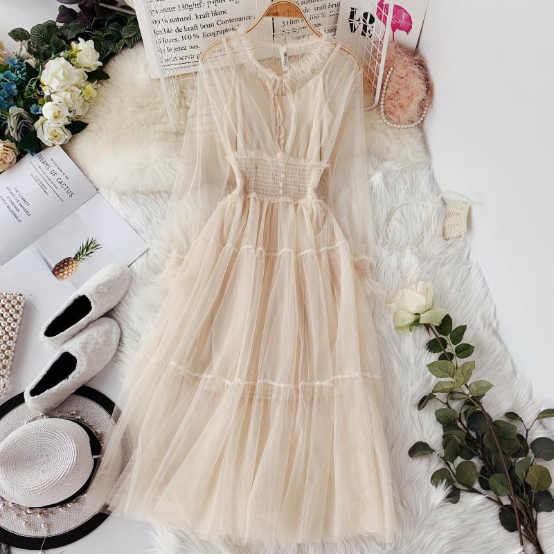 M21 - Đầm công chúa Ulzzang tay bồng dáng dài phối lưới bo eo xinh xắn (5 màu)