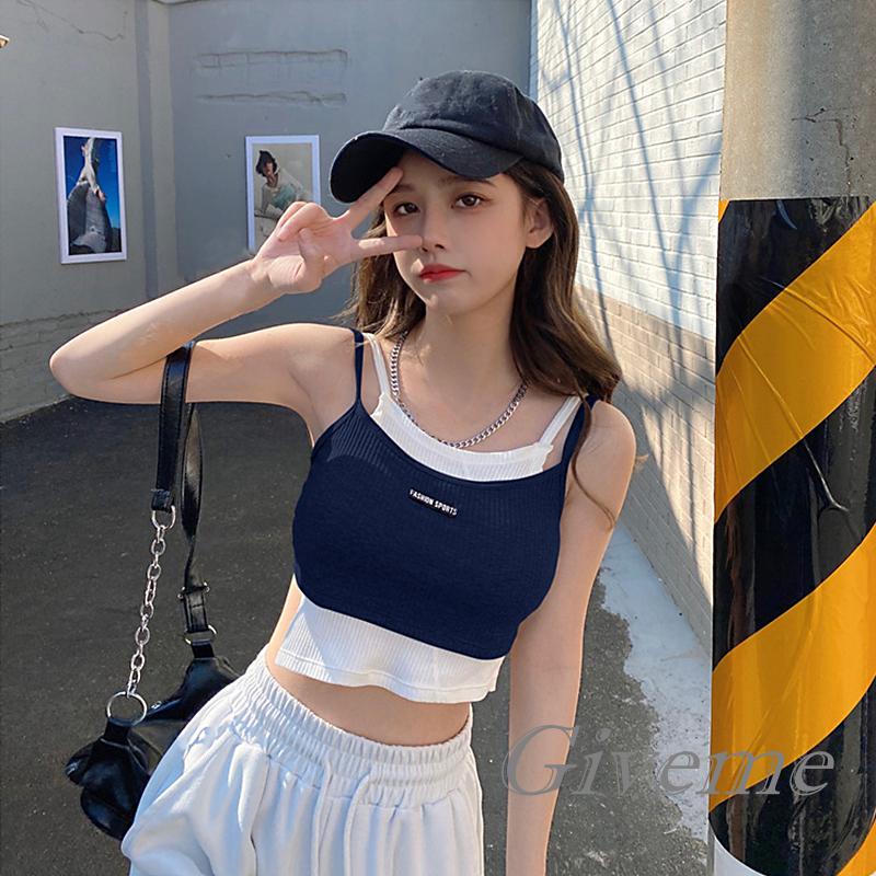 Áo Crop Top Giả Hai Lớp Màu Sắc Tương Phản In Chữ Trang Trí Dành Cho Nữ