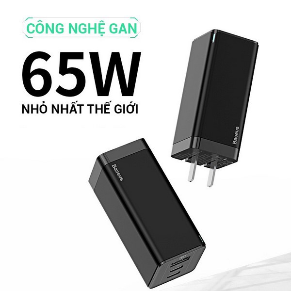 Củ sạc nhanh Baseus GaN Pro Travel Quick Charger 65W kèm dây cáp Type-C to Type-C ( Type Cx2 + USB , PD3.0 )