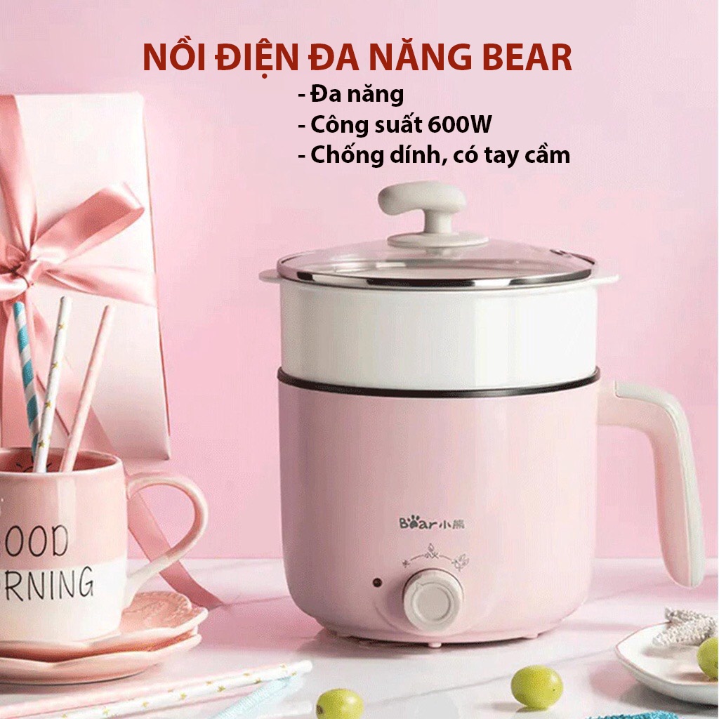 (CHÍNH HÃNG) Nồi điện mini đa năng BEAR 2 tầng chống dính dùng để hấp, hầm cháo, nấu mỳ, lẩu, chiên rán - Công suất 600W