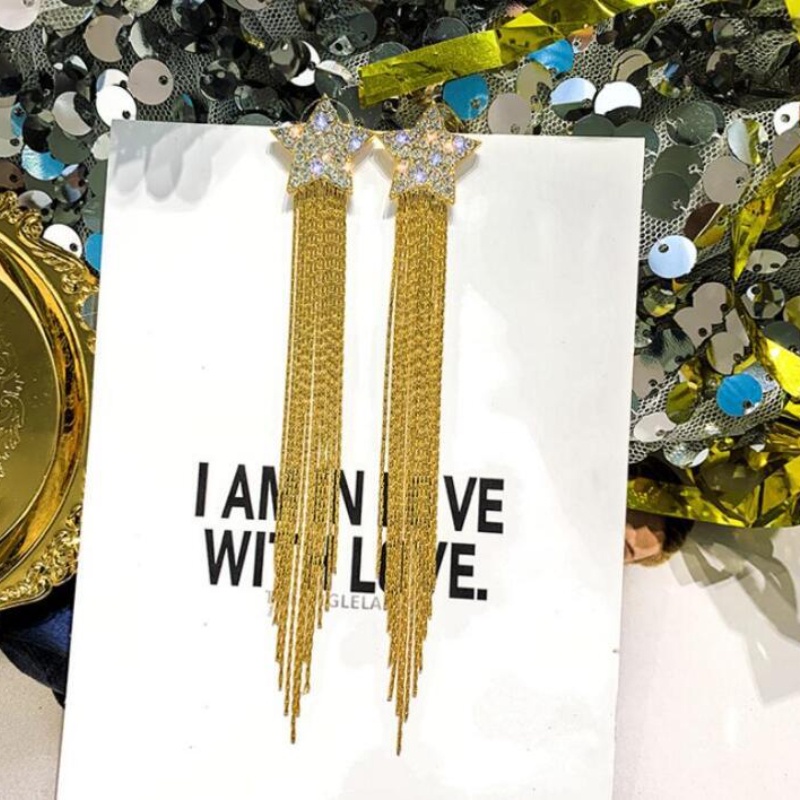 Bông Tai Dáng Dài Hình Ngôi Sao Năm Cánh Đính Đá Phối Tua Rua Thời Trang Sang Trọng Cho Nữ