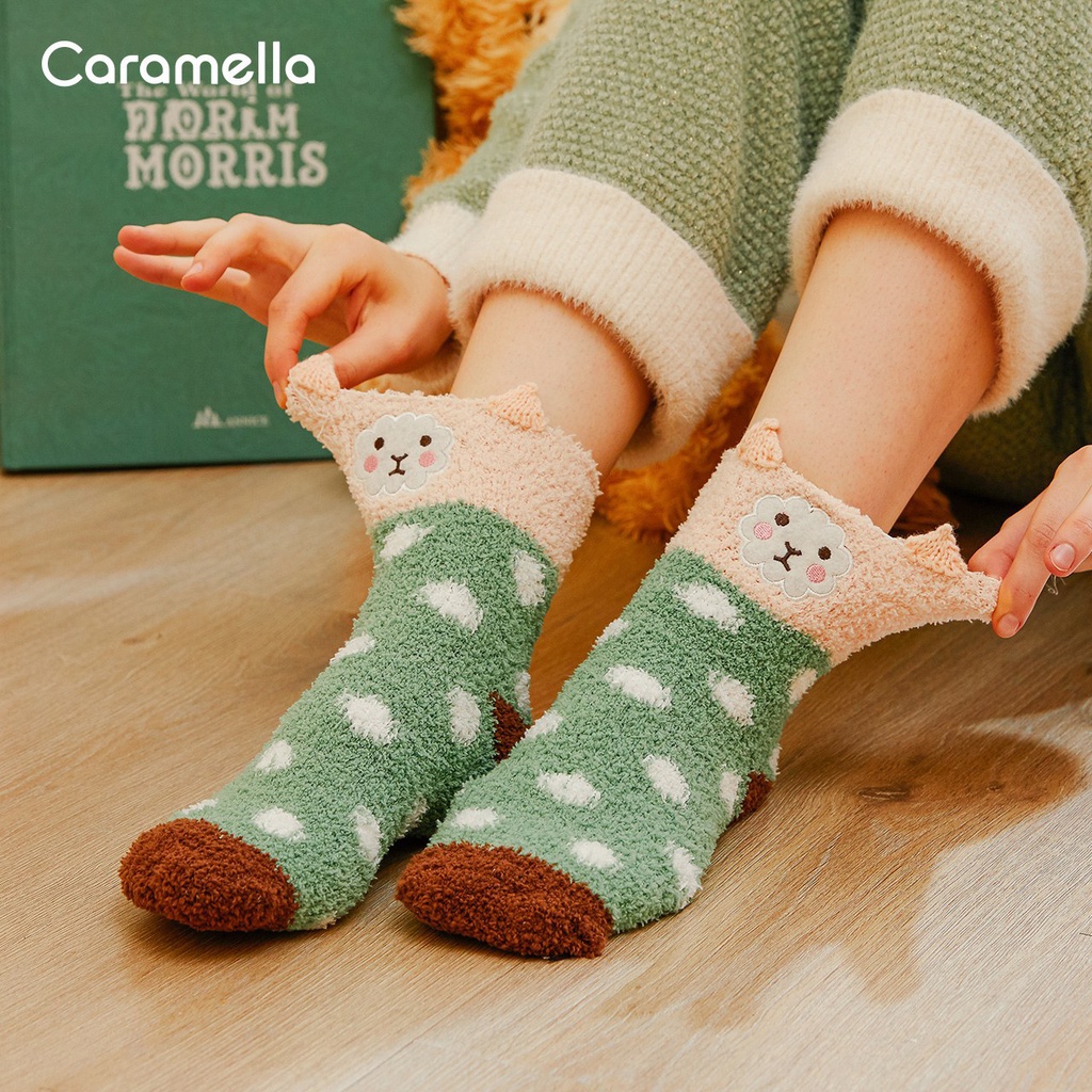 Tất nữ Caramella len lông cừu siêu mềm siêu ấm, Vớ nữ Caramella đại hàn dễ thương set 3 đôi