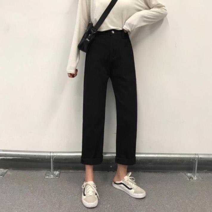Quần Jean lửng nữ Ống rộng Dáng suông Lưng thun Cạp cao Quần Bò nữ lửng Lưng cao Lưng chun Ulzzang Hàn Quốc ! ! ! ,