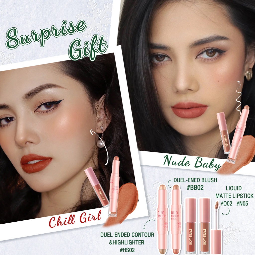 Set 4 món mỹ phẩm trang điểm PINKFLASH gồm son môi má hồng thanh đánh khối cho mặt