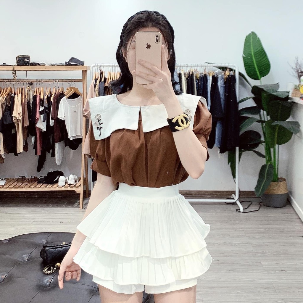 Aó babydoll nâu cổ vạt trắng thêu hoa xinh xắn - A18 | BigBuy360 - bigbuy360.vn