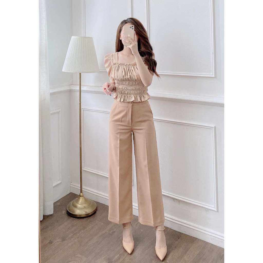 Set bộ quần sớ ống suông cúc bọc mix áo nhún cực đẹp | BigBuy360 - bigbuy360.vn