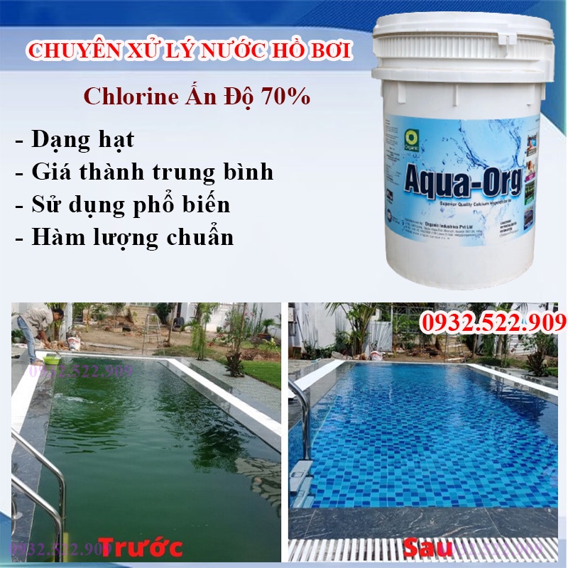 Xử lý hồ bơi , khử trùng dụng cụ , sát khuẩn nguồn nước , tẩy rong rêu ao hồ , Chlorine Ấn Độ 70% 1kg