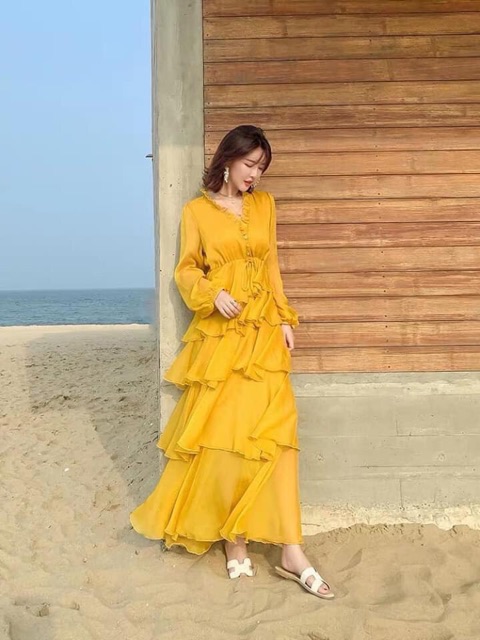 [Flashsale] Đầm maxi vàng xoè nhún tầng du lịch vintage, váy dạ hội đi tiệc prom sống ảo style thổ cẩm boho