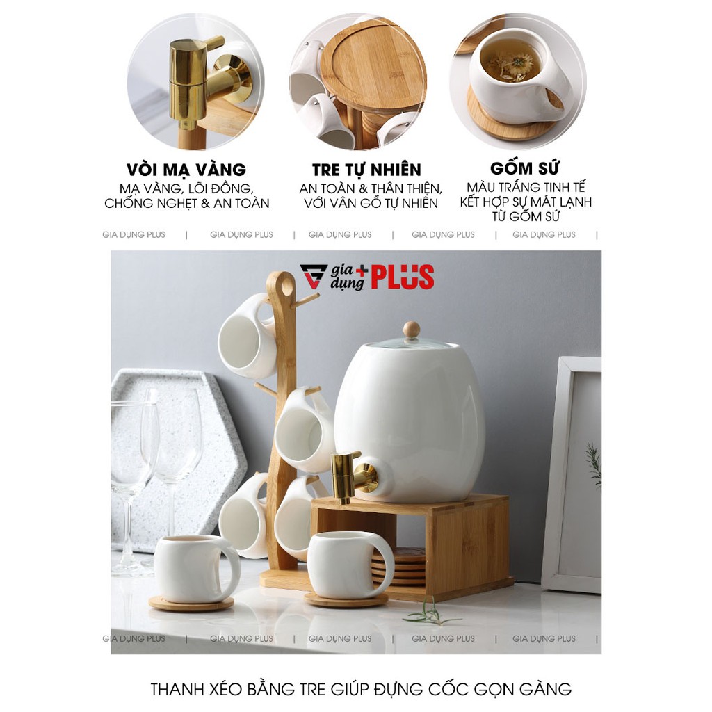 Bộ Chum Đựng Nước Sứ Có Vòi 3 Lít Kèm Kệ Gỗ &amp; 6 Cốc Sứ Màu Trắng Cao Cấp