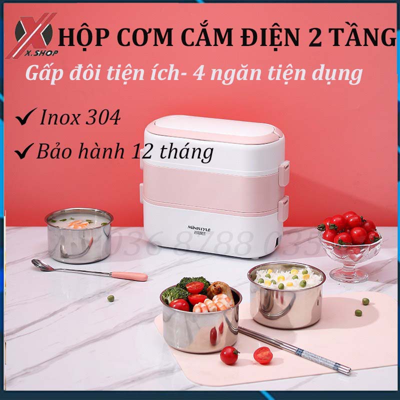 Hộp Cơm Văn Phòng Cắm Điện 2 Tầng HỘP CƠM CẮM ĐIỆN ĐA NĂNG Hâm Nóng, Giữ nhiệt Tốt - 4 BÁT Inox CAO CẤP MINISTYLE