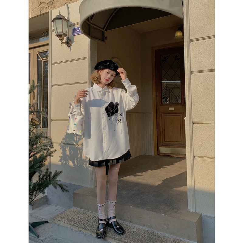 SUXI Áo Sơ Mi Trắng Tay Dài Dáng Rộng In Họa Tiết Cổ Điển Thời Trang Hàn Quốc Cho Nữ