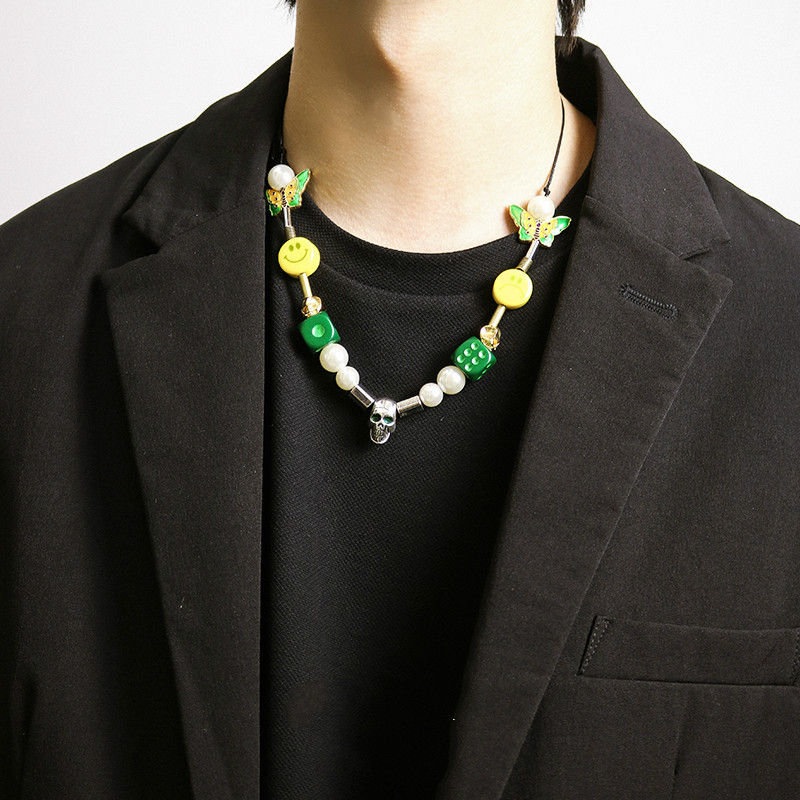 Dây chuyền 22641 mặt xúc xắc xanh lá / mặt cười / ngọc trai / bướm chất liệu gốm thời trang hip hop cho cặp đôi