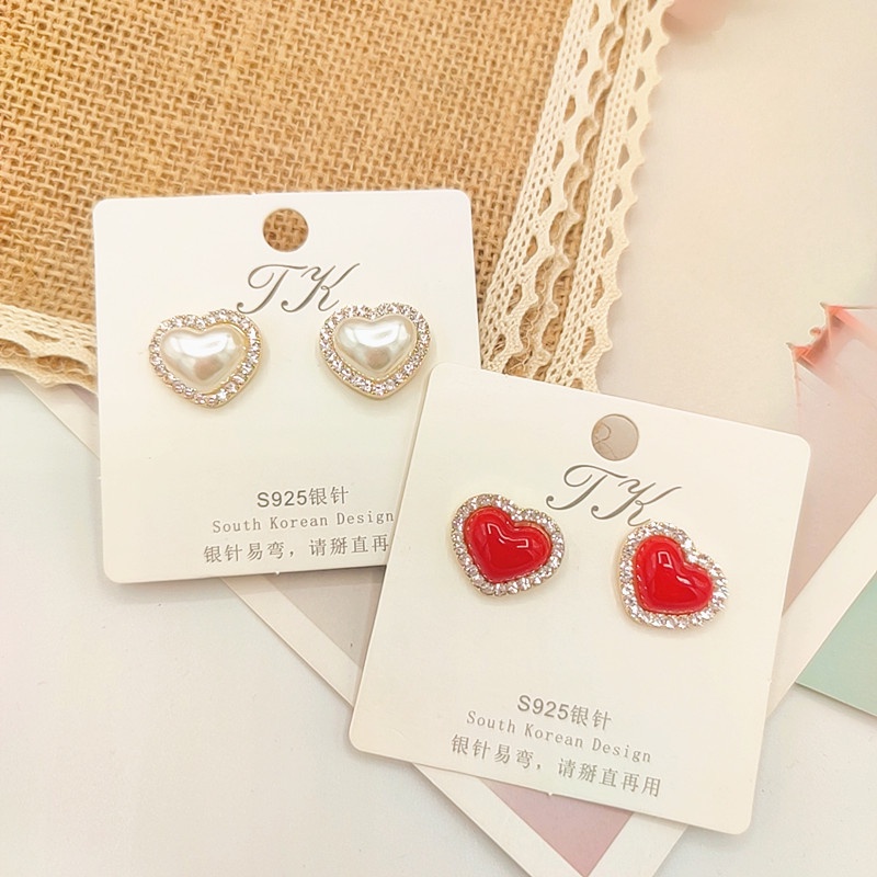 Bông Tai Hình Trái Tim Đính Đá Và Ngọc Trai Màu Sắc Thời Trang Cho Nữ