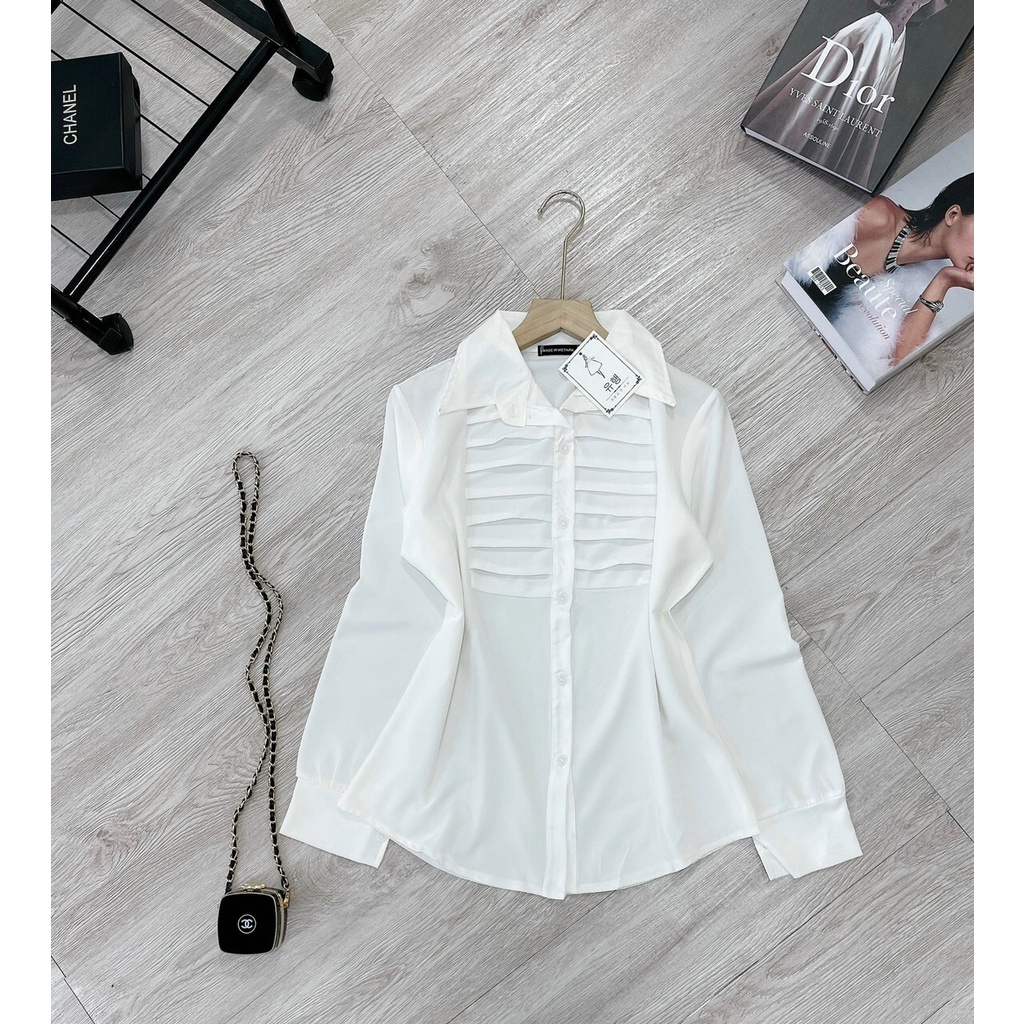 Áo sơ mi chữ C xanh nữ đẹp kiểu form rộng tay dài hình thêu. ZADOLA FASHION