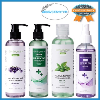 Dung dịch rửa tay khô hương bạc hà & oải hương milaganics safe+ dạng gel & xịt
