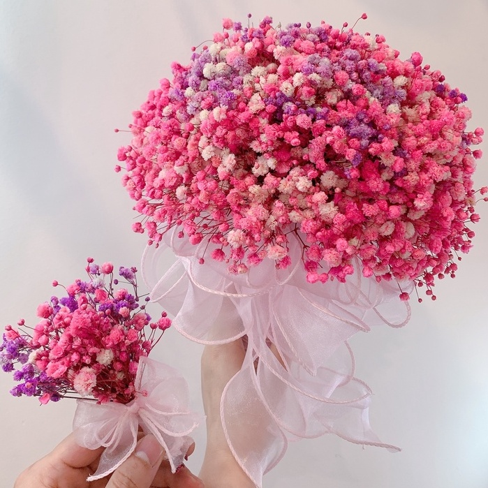 Hoa cưới bó hoa baby khô cầm tay cô dâu tông màu hồng phấn nhẹ nhàng (tặng kèm hoa cài áo chú rể)