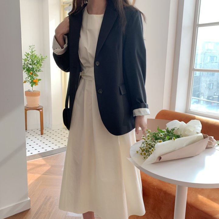 Đầm midi cổ tròn phong cách Hàn Quốc thanh lịch cho nữ