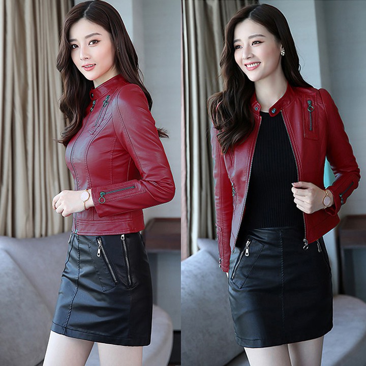 Áo khoác da nữ phối túi kéo cao cấp (đen,đỏ,nâu) AKDN0162