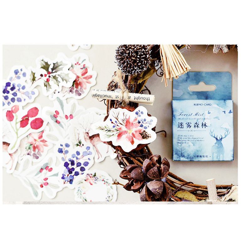 Bộ 46 Sticker Hàn Quốc hình Hoa Cỏ Động Vật Sương Mù dán trang trí E06