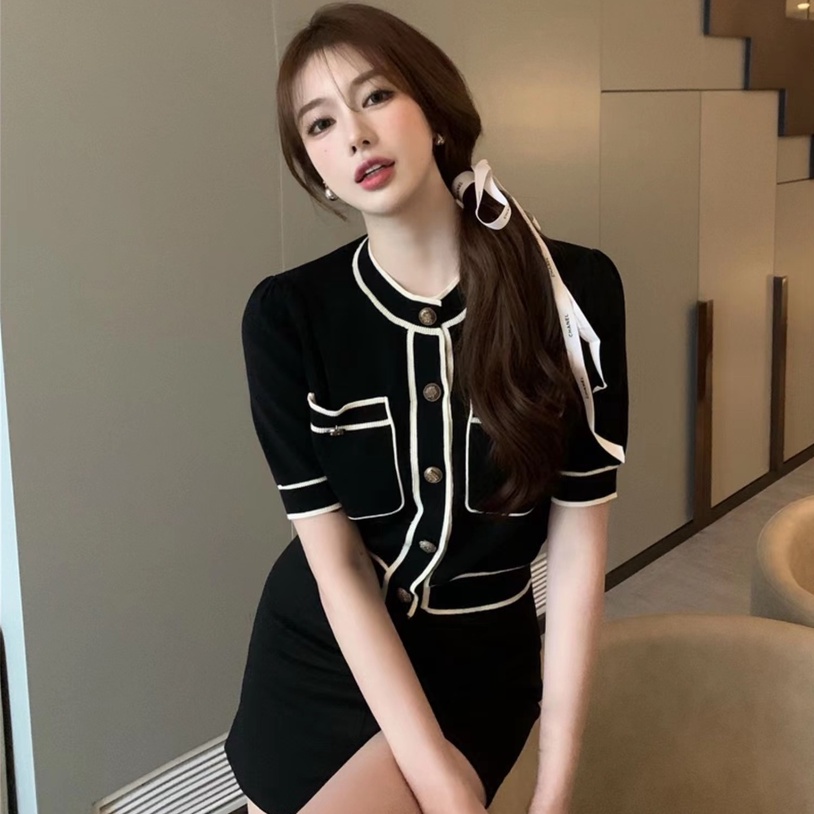 [Hana And Alice]  Áo Dệt Kim Tay Ngắn Vải Lụa Lạnh Mỏng Thời Trang Mùa Hè 2023 Small fragrance wind