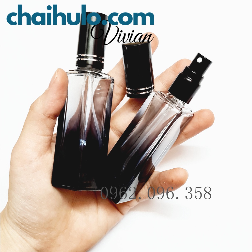 20ml - Chai Chiết Nước Hoa, chai xịt phun sương, trụ vuông, thân thuỷ tinh đen loang dày đẹp