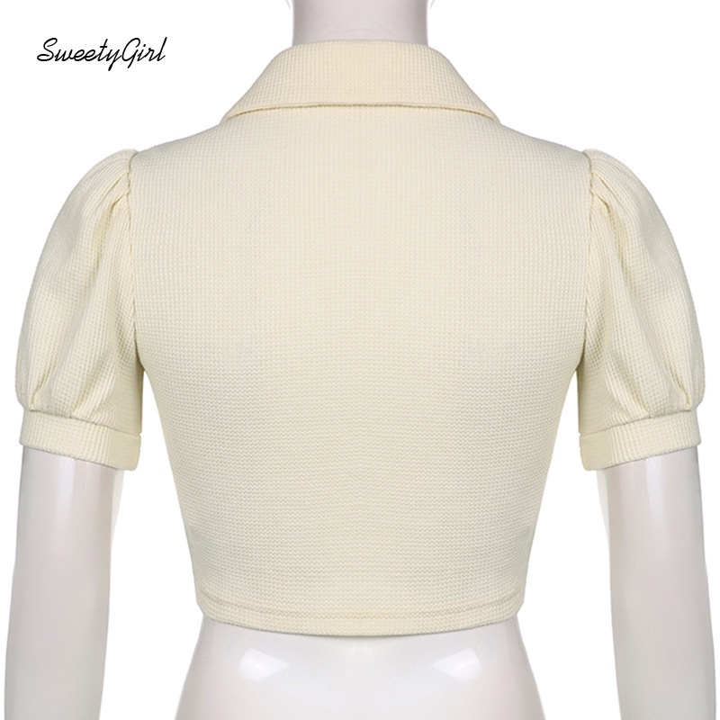 Áo Sơ Mi Tay Phồng Ngắn Cổ Bẻ Dáng Ôm Màu Trơn Phối Khóa Kéo Thời Trang Cho Nữ