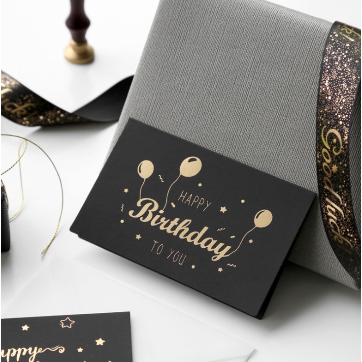 Thiệp chúc mừng sinh nhật Happy birthday đen, thư cảm ơn kèm sticker phong bì trắng đơn giản