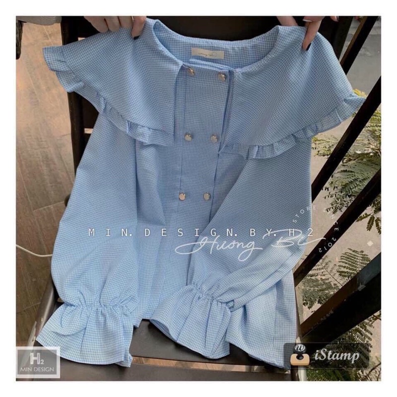 Áo Sơ Mi Cổ Bèo Kẻ Xanh Áo Kiểu Nữ Hàn Quốc Tay Phồng Bánh Bèo Tiểu Thư Form Rộng Cúc Ngọc Siêu Hot