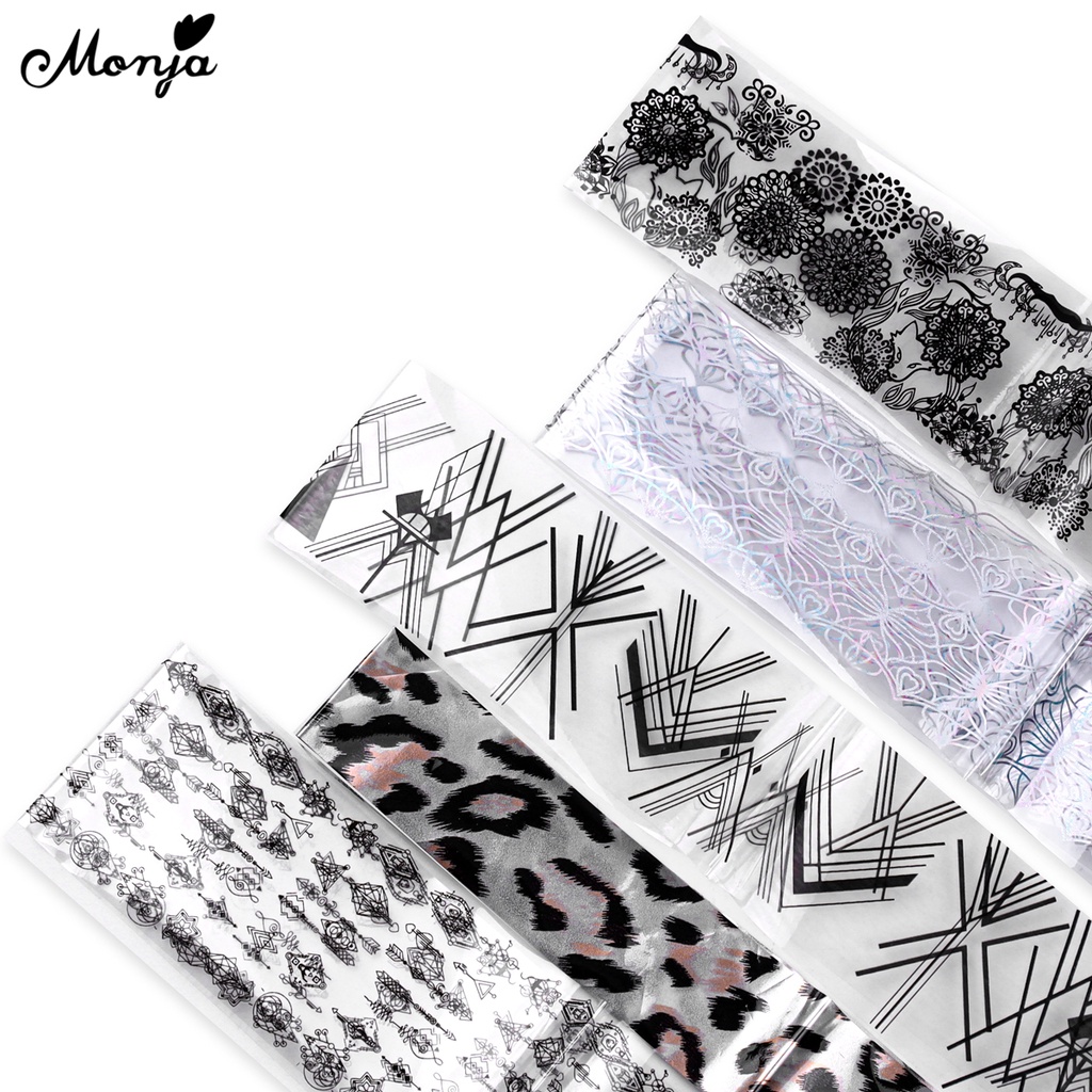 MONJA Bộ 6 Miếng Dán Trang Trí Móng Tay Họa Tiết Ren Màu Trắng Đen Thời Trang