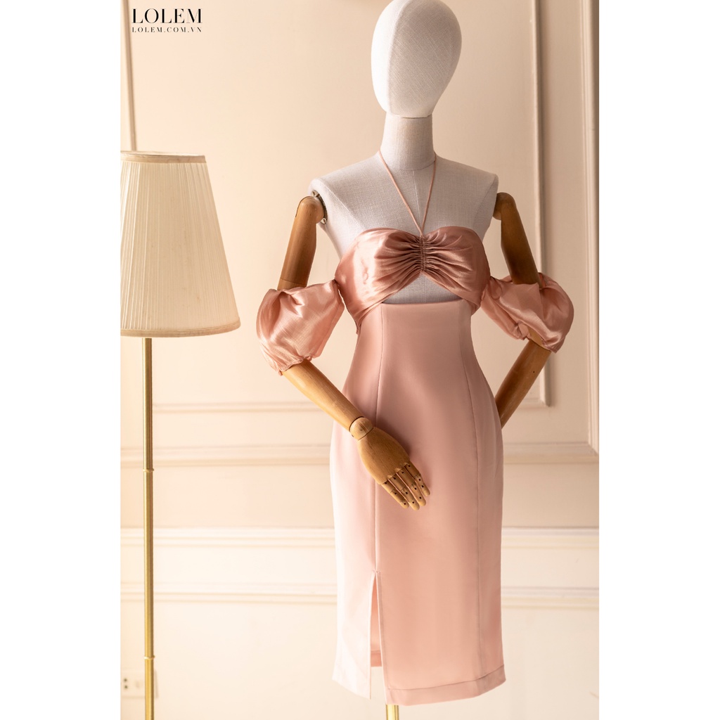 Đầm ôm body LOLEM DO185 xẻ tà vải tăm Nhật dây cổ phối organza tay rớt hở lưng