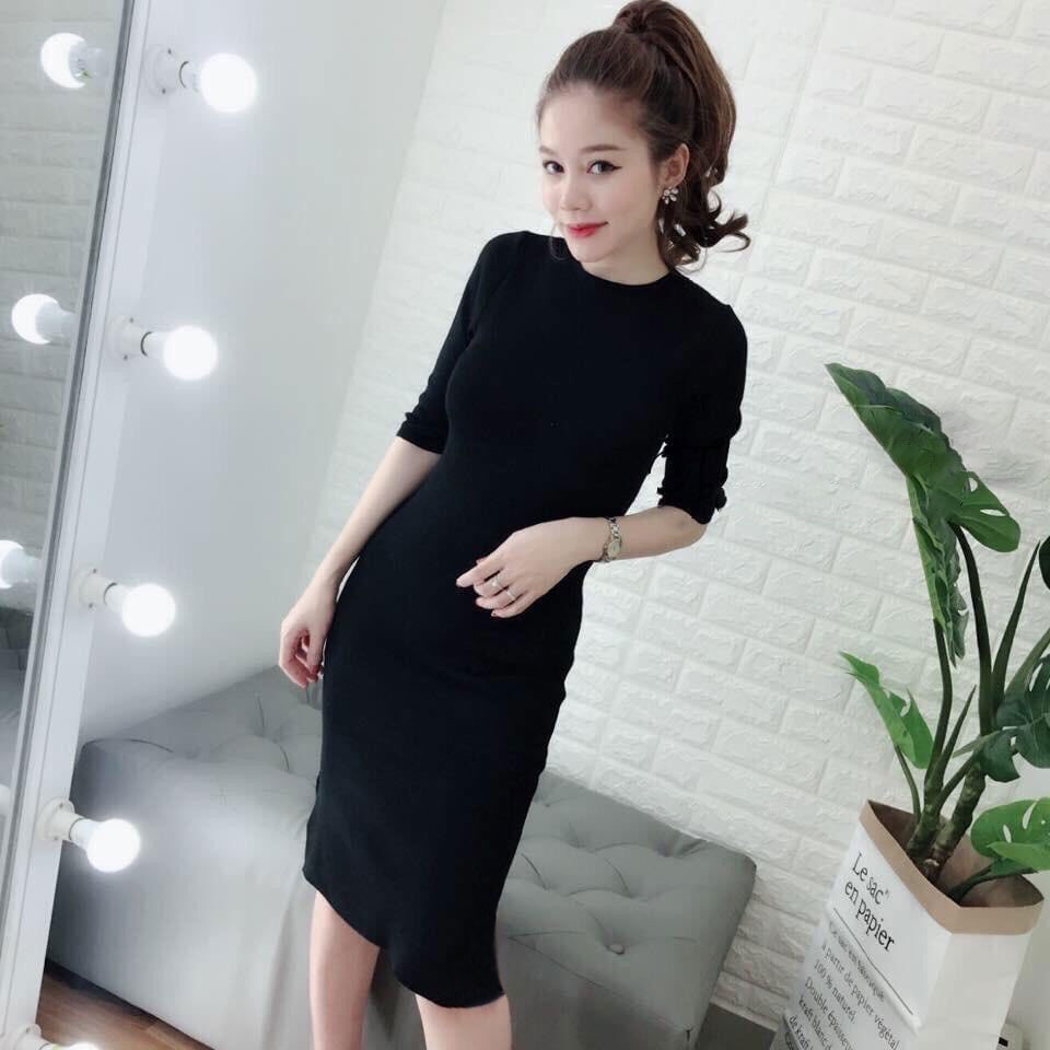 Váy body dáng dài qua gối, đầm body dáng ôm tay lỡ cổ tròn Basic chất thun gân V065