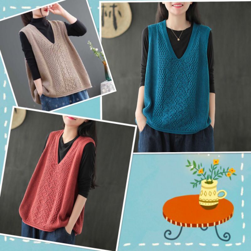Áo len nữ dáng thụng, áo gile len dáng mỏng thu đông thời trang phong cách Hàn Quốc