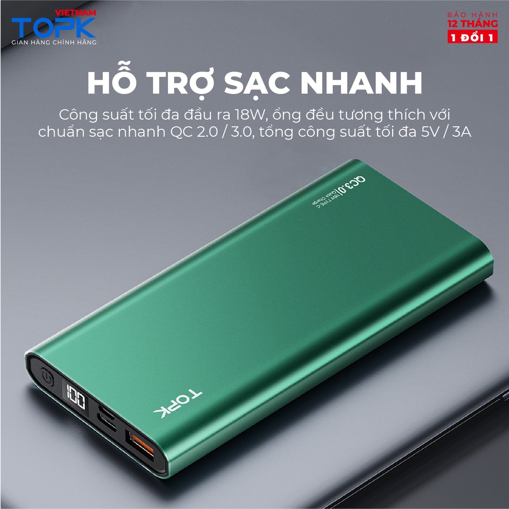 Sạc dự phòng TOPK I1006P 10000mAh - Sạc PD 18W - Màn hình LED - Hàng phân phối chính hãng - Bảo hành 12 tháng 1 đổi 1