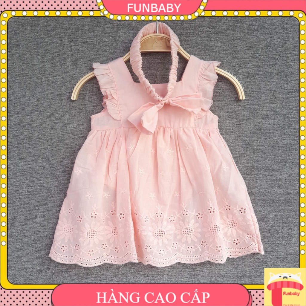 Đầm body cho bé gái 6-18 tháng sát nách thêu hoa đục lỗ kèm băng đô, Váy hè trẻ em vải thô mềm thoáng mát