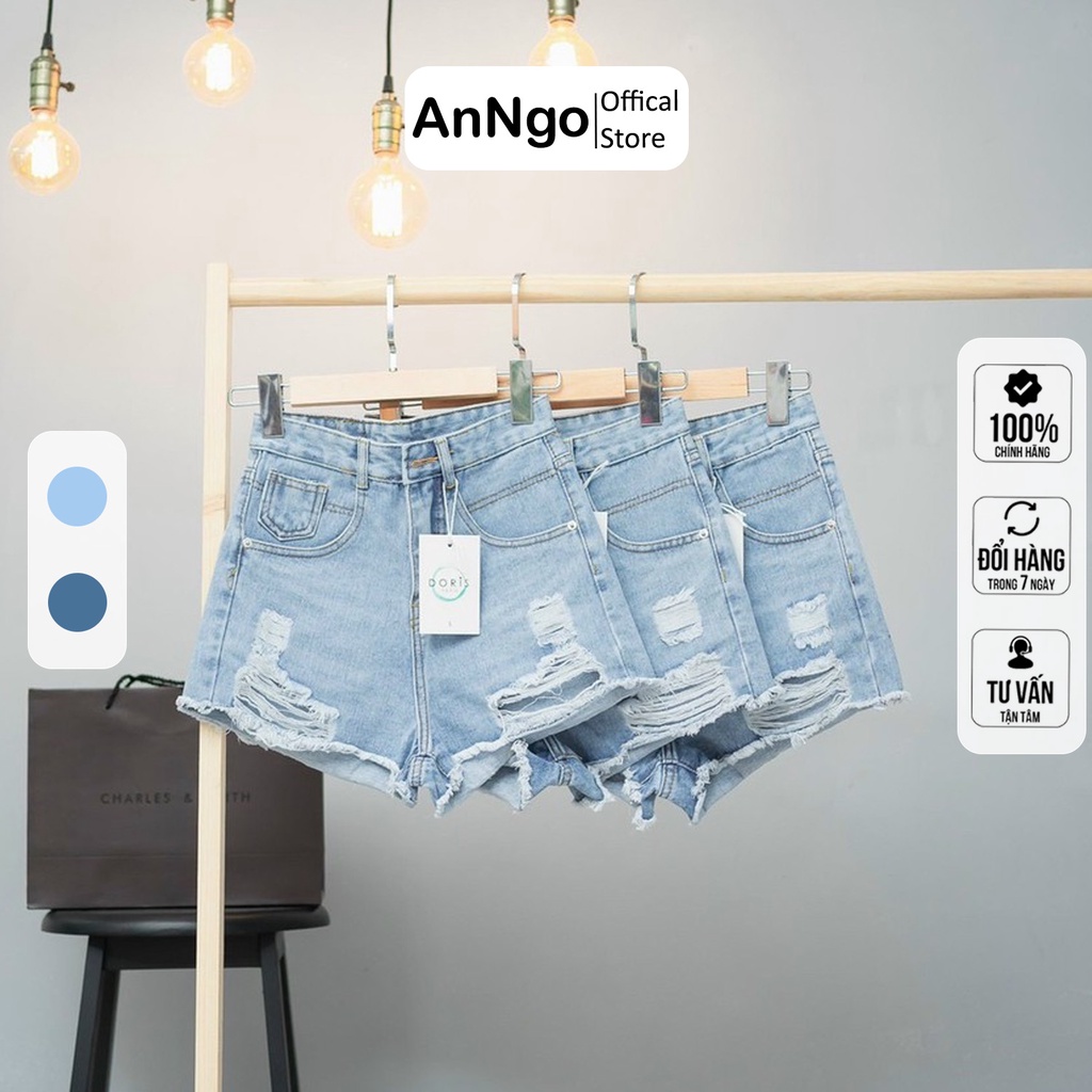 Quần short jean nữ lưng cao phối rách denim cotton không co giãn, rin ngắn phối rách AnNgo - AT87