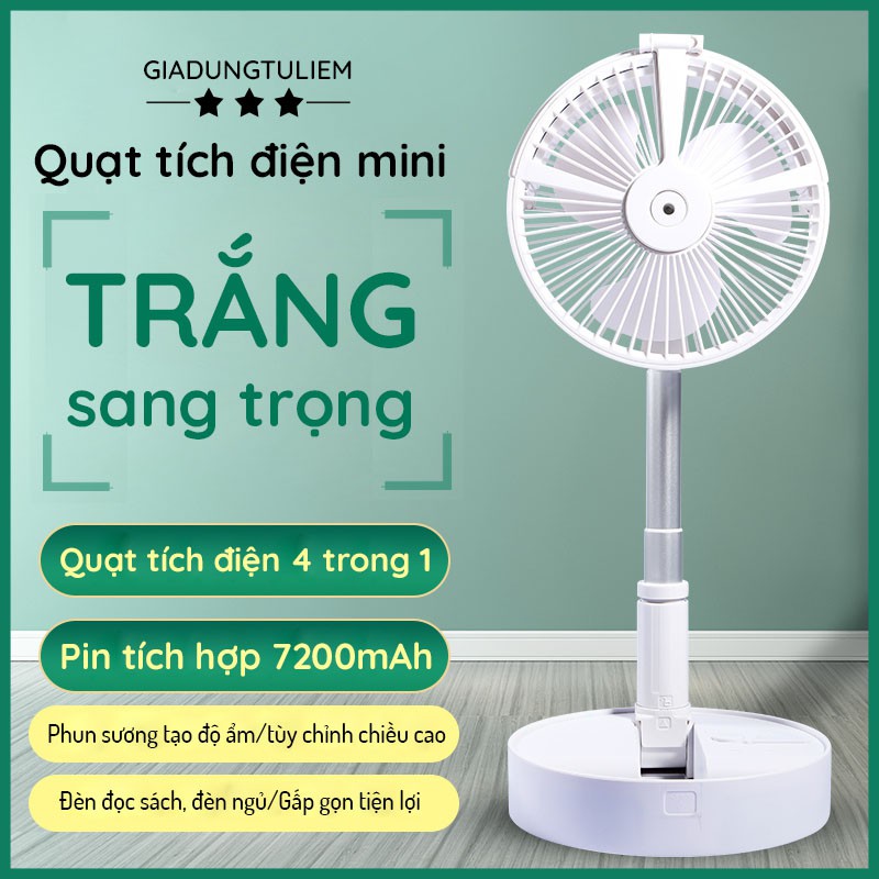 Quạt Tích Điện Mini Phun Sương Hơi Nước Để Bàn, Quạt Cây Gấp Gọn Có Gắn Đèn H9004