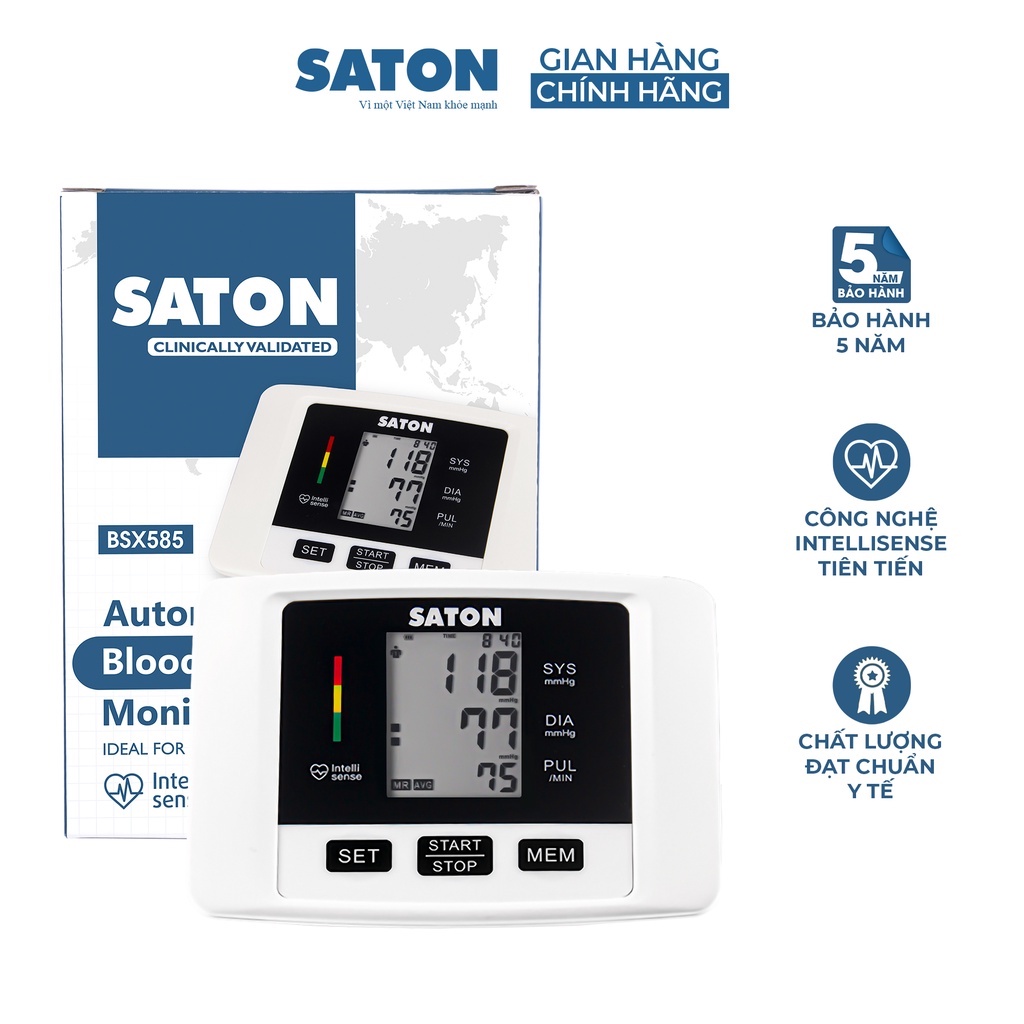 Máy đo huyết áp bắp tay tự động SATON BSX585, Bộ sản phẩm gồm : Máy đo, vòng bít, cáp sạc, 4 pin AA, sách HDSD, Thẻ BH