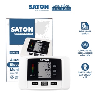 Máy đo huyết áp bắp tay tự động saton bsx585, bộ sản phẩm gồm : máy đo, vòng bít, cáp sạc, 4 pin aa, sách hdsd, thẻ bh