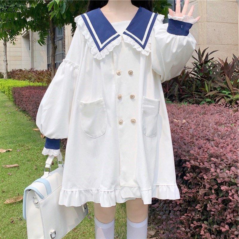 Đầm Tay Dài Cổ Thủy Thủ Dễ Thương Phong Cách Nhật Bản Cho Nữ