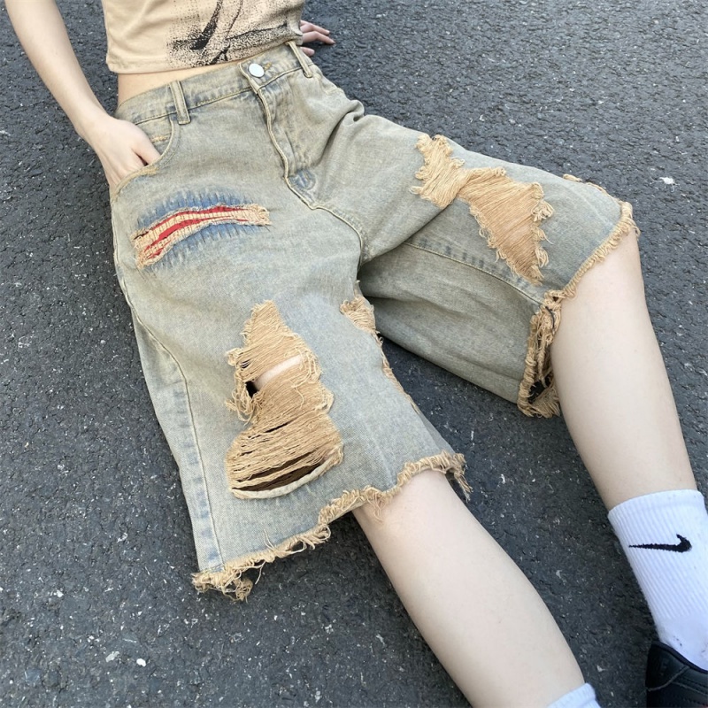 Quần Short Denim Ống Rộng Lưng Cao Co Giãn Phối Rách Màu Sắc Retro Mỹ Cho Nữ