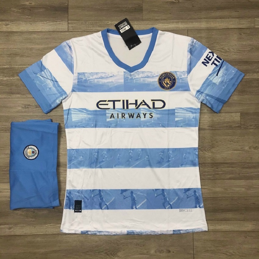 Bộ Quần Áo Bóng Đá Manchester City (Man city) 2023 Trắng Xanh Kẻ Ngang Vải Thun - Đồ Đá Banh pp Bởi Be Happy Sport