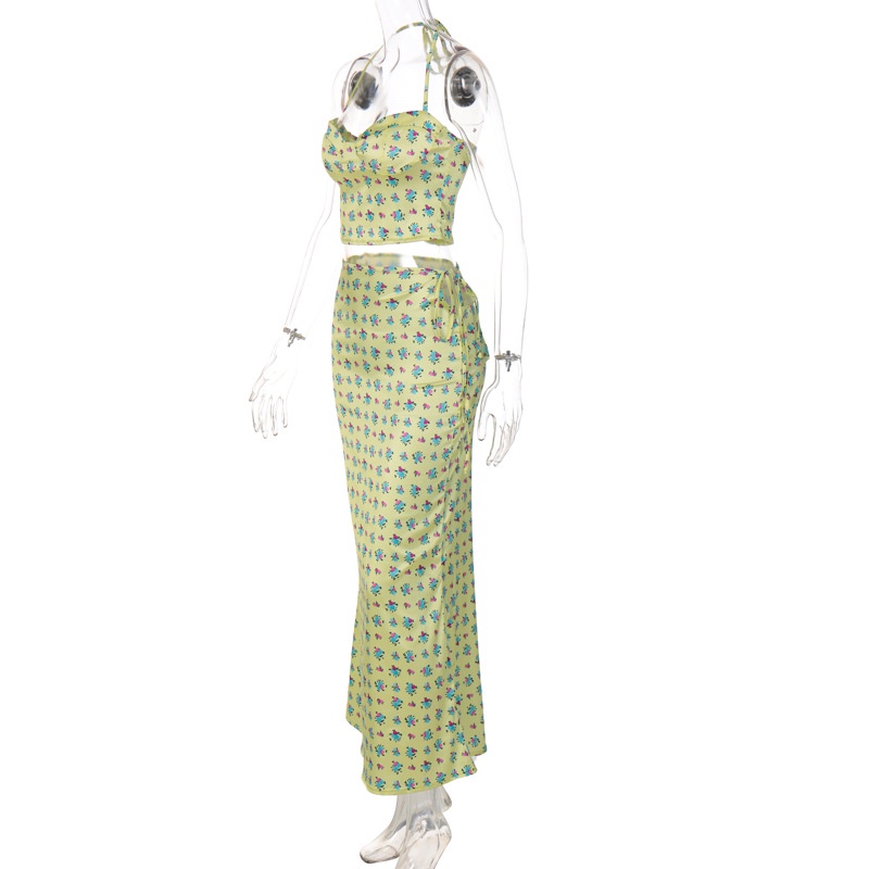 Bộ Áo Tank Top In Hoa + Chân Váy Lưng Cao Thắt Nơ Thời Trang Cho Nữ