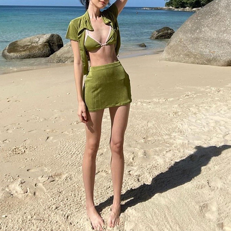 Brroa Bộ Trang Phục 3 Mảnh Gồm Áo Croptop Ngắn Tay Cài Nút + Chân Váy Ngắn Ôm Dáng Gợi Cảm Mùa Hè Cho Nữ