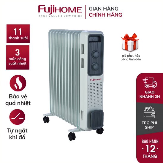 Máy sưởi dầu Nhật Bản 11 thanh không khô da Fujihome không đốt oxy, sưởi điện mini không gốm an toàn Bảo hành 1 năm