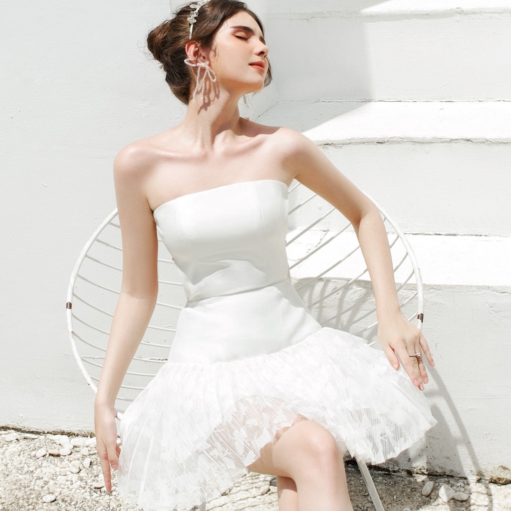 Đầm ren đi tiệc cưới thiết kế cúp ngực, dáng xòe, đan dây lưng (kèm ảnh feedback khách hàng)